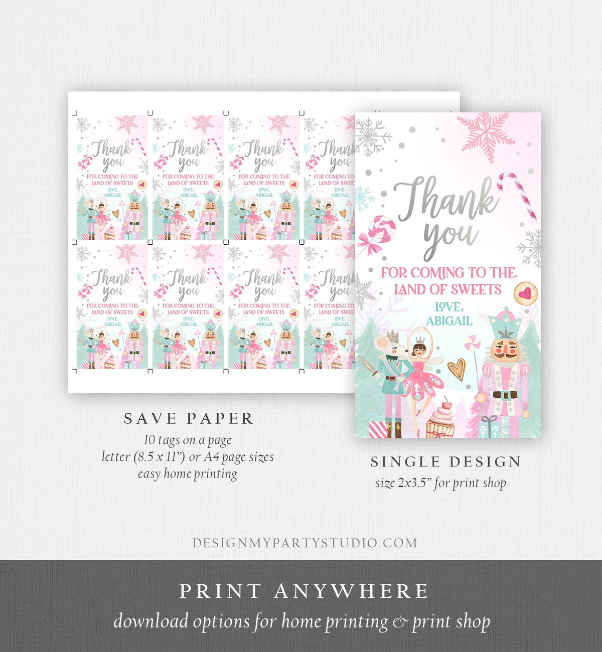 Editable Nutcracker Favor Tag Nutcracker Birthday Land of Sweets Thank You Tag Sugar Plum Fairy Christmas Winter Pink Silver Digital 0352