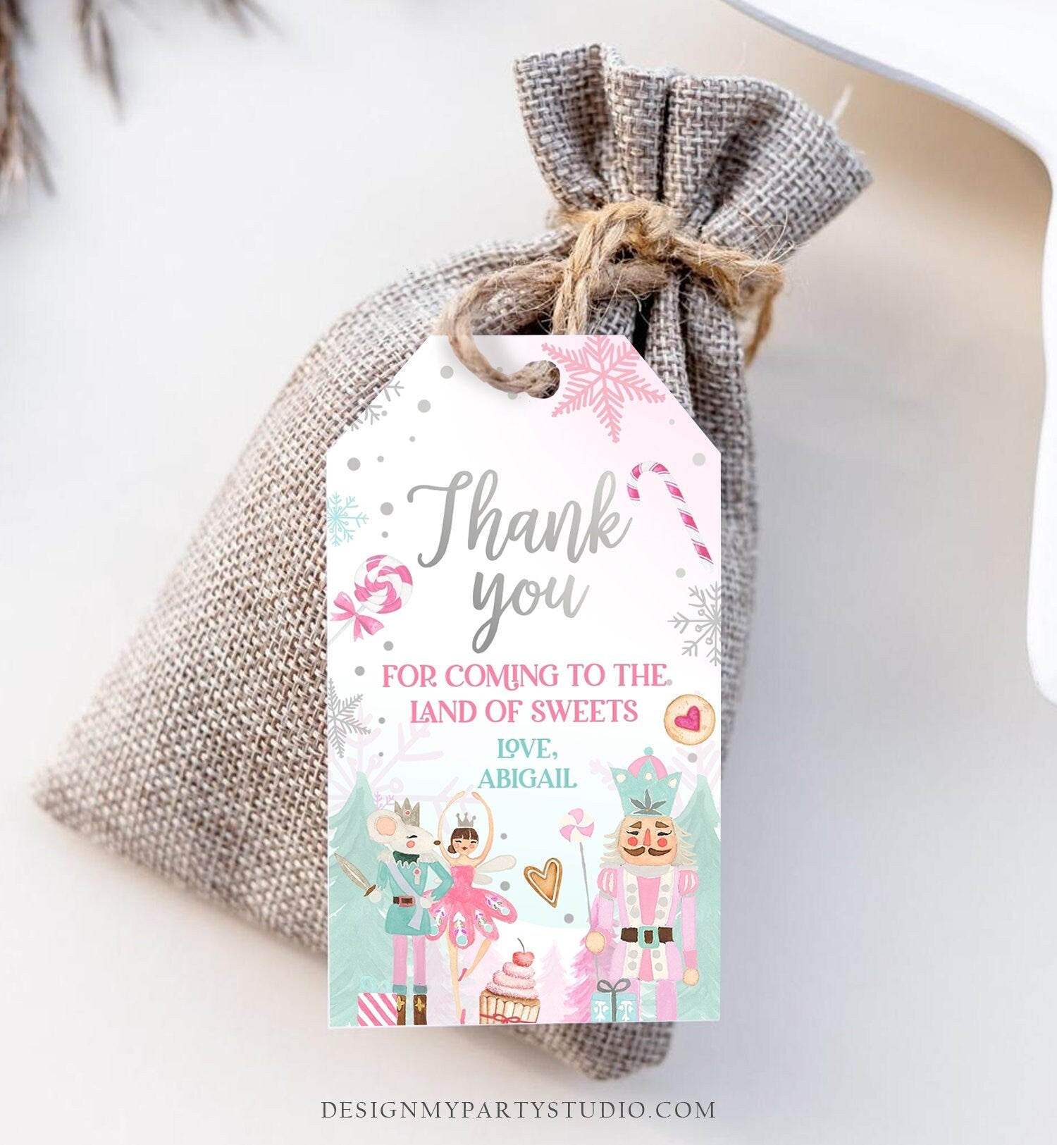 Editable Nutcracker Favor Tag Nutcracker Birthday Land of Sweets Thank You Tag Sugar Plum Fairy Christmas Winter Pink Silver Digital 0352