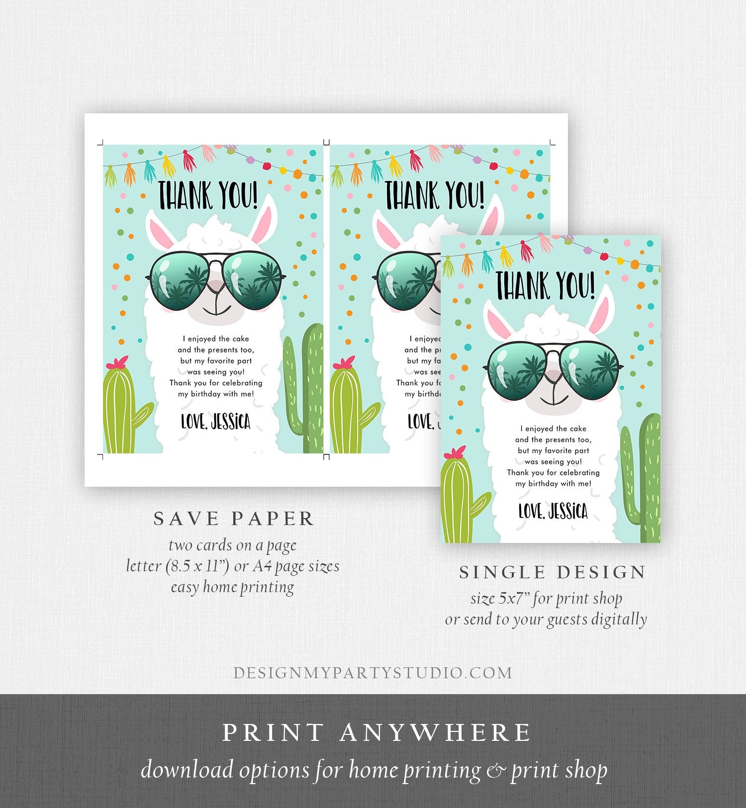 Editable Llama Thank You Card Fiesta Mexican Birthday Sunglasses Thank You Note Shower Cactus Blue Boy Alpaca Corjl Template Printable 0079