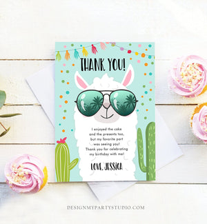 Editable Llama Thank You Card Fiesta Mexican Birthday Sunglasses Thank You Note Shower Cactus Blue Boy Alpaca Corjl Template Printable 0079