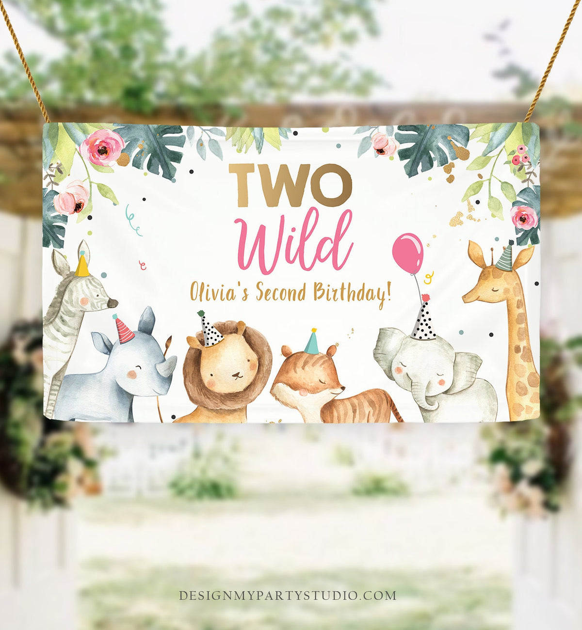 Editable Party Animals Birthday Backdrop Banner Safari Animals Girl Two Wild 2nd Birthday Welcome Sign Digital Template Printable 0163