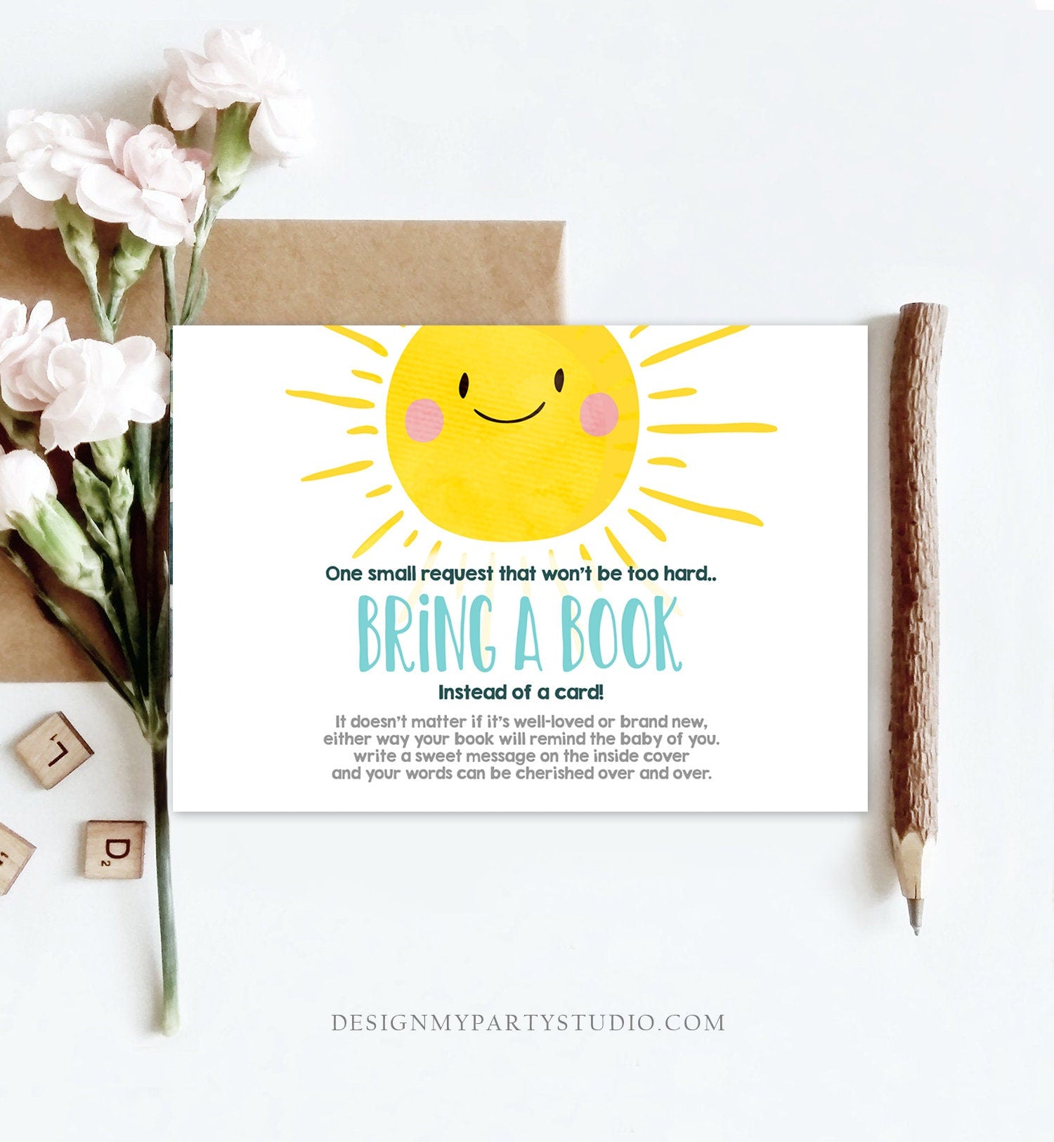 Editable Baby Shower Bring a Book Card A Ray Of Sunshine Little Sunshine Blue Books for Baby Book Request Template Corjl Printable 0141