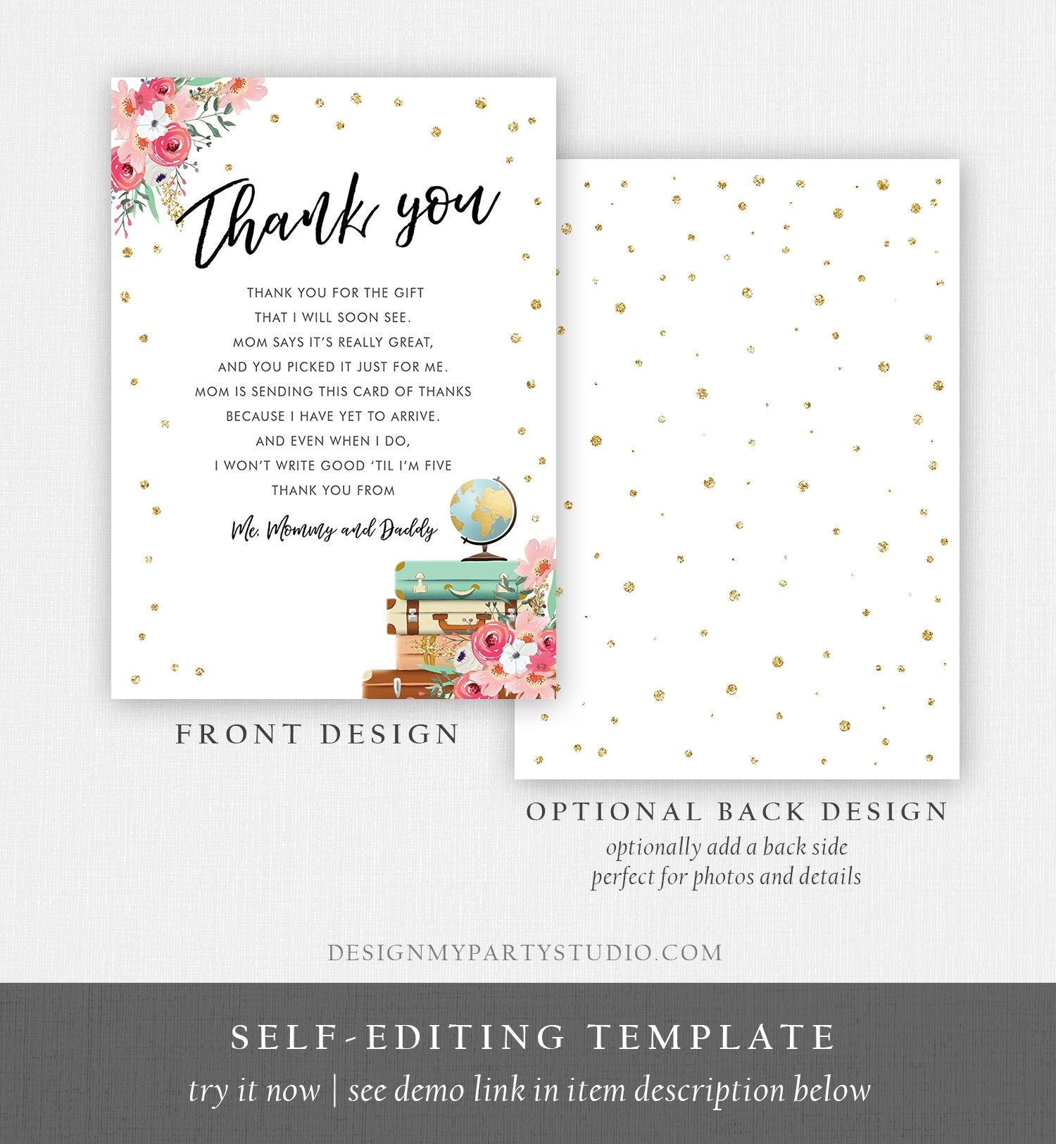 Editable Travel Thank You Card Adventure Traveling Note Bridal Baby Shower Pink Gold Floral Globe Digital Corjl Template Printable 0030
