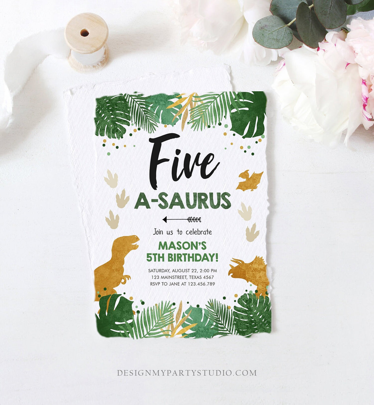 Editable Five-A-Saurus Birthday Invitation ANY AGE Dinosaur Dino Party Boy 5th Fifth Birthday Green Gold Corjl Template Printable 0146