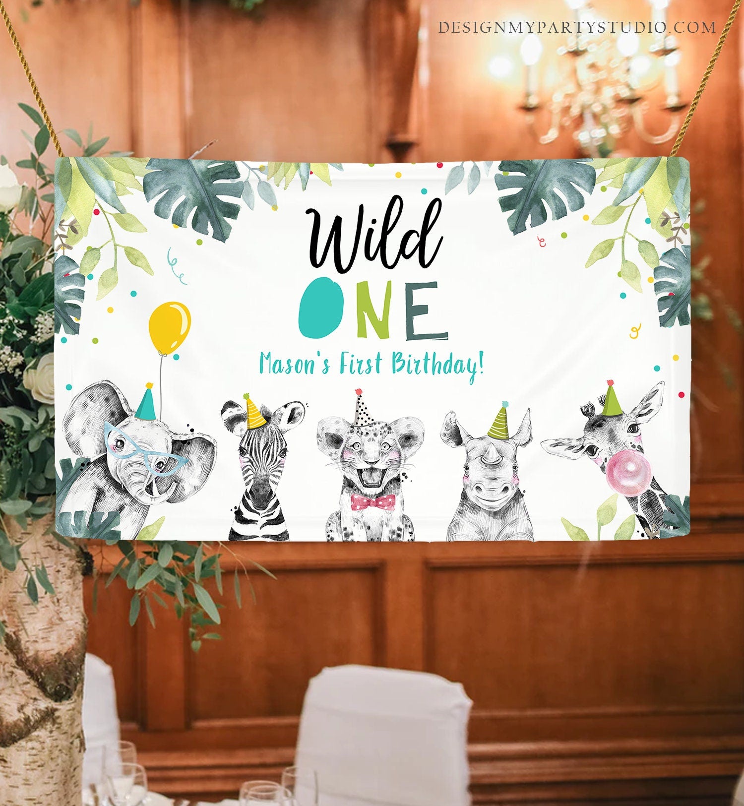 Editable Party Animals Birthday Backdrop Banner Safari Animals Boy Wild One First Birthday 1st Welcome Sign Corjl Template Printable 0322