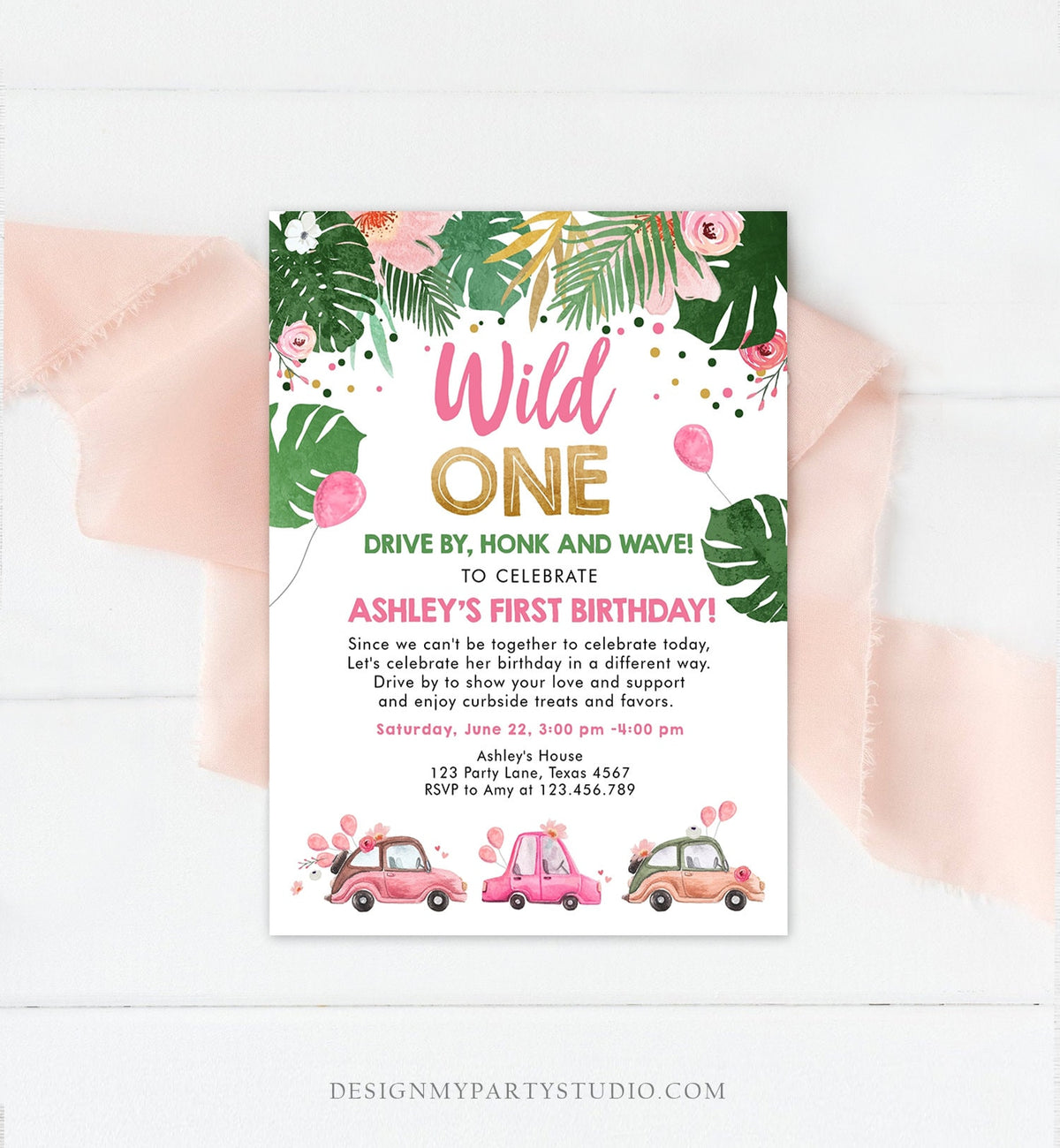 Editable Drive By Birthday Parade Invitation Wild One 1st Birthday Virtual Party Invite Honk Wave Car Girl Pink Safari Digital Corjl 0332