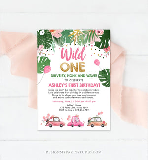 Editable Drive By Birthday Parade Invitation Wild One 1st Birthday Virtual Party Invite Honk Wave Car Girl Pink Safari Digital Corjl 0332