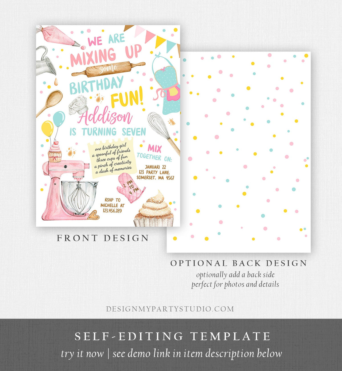 Editable Baking Birthday Party Invitation Kids Cooking Birthday Girl Chef Party Kitchen Cupcakes Pink Download Printable Corjl Template 0364