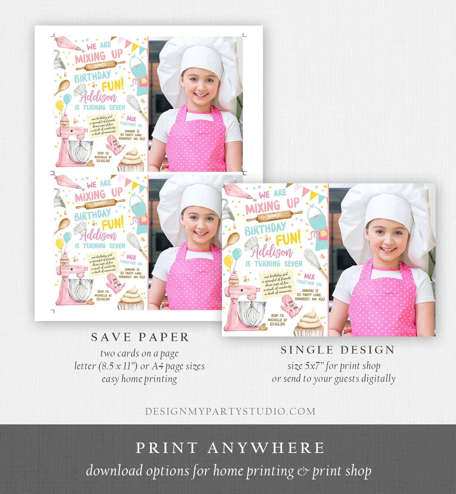 Editable Baking Birthday Party Invitation Kids Cooking Birthday Girl Chef Party Kitchen Cupcakes Pink Digital Template Printable 0364