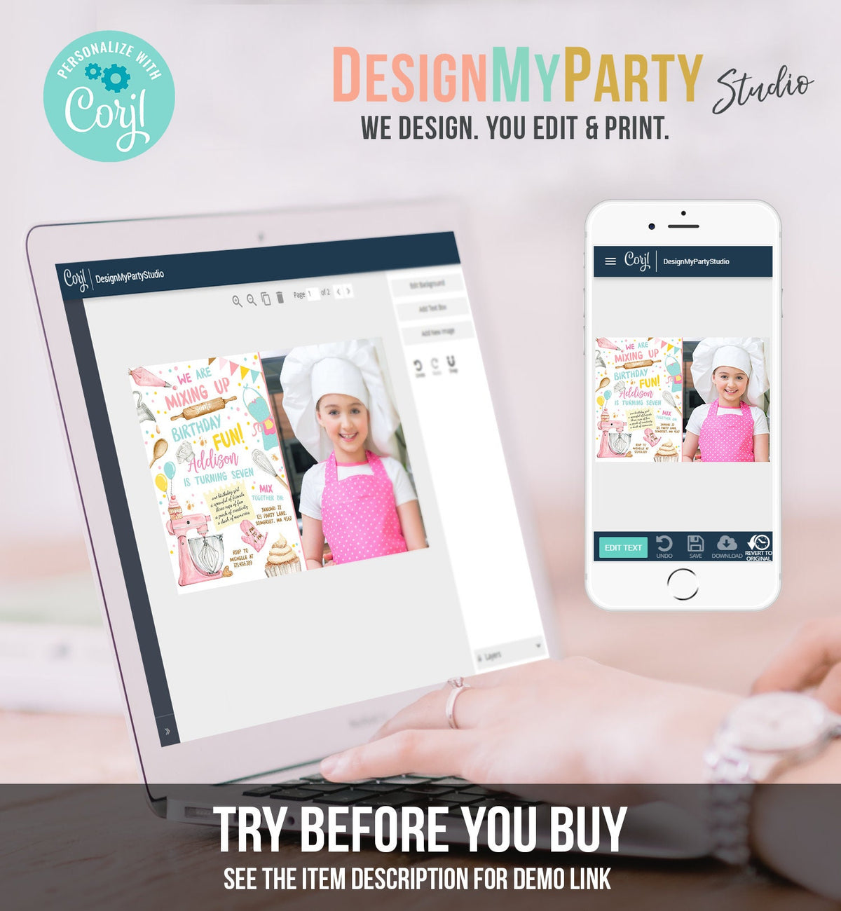 Editable Baking Birthday Party Invitation Kids Cooking Birthday Girl Chef Party Kitchen Cupcakes Pink Digital Template Printable 0364