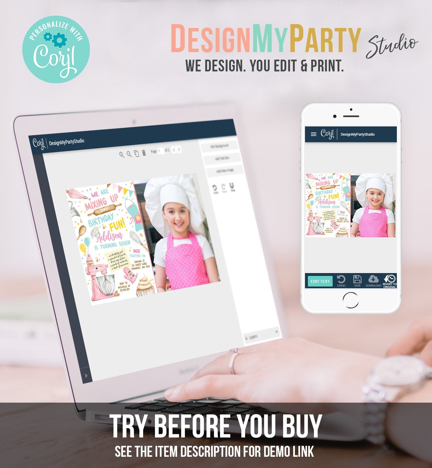 Editable Baking Birthday Party Invitation Kids Cooking Birthday Girl Chef Party Kitchen Cupcakes Pink Digital Template Printable 0364