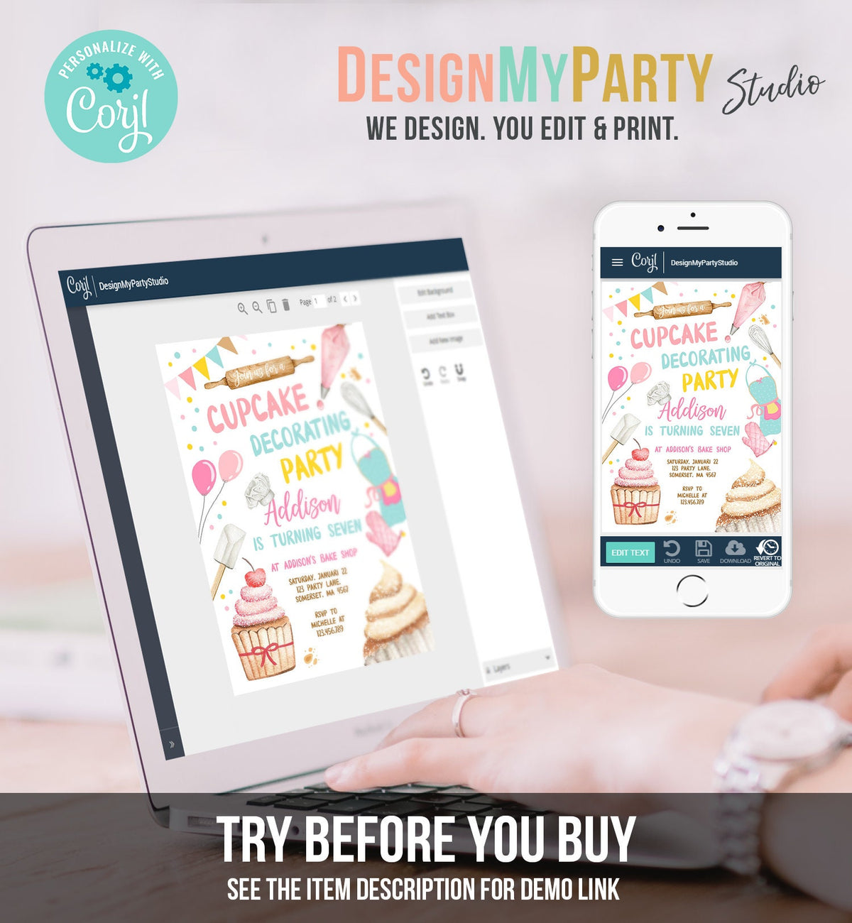 Editable Cupcake Decorating Party Invitation Kids Cooking Birthday Cupcake Invite Girl Chef Party Download Printable Corjl Template 0364