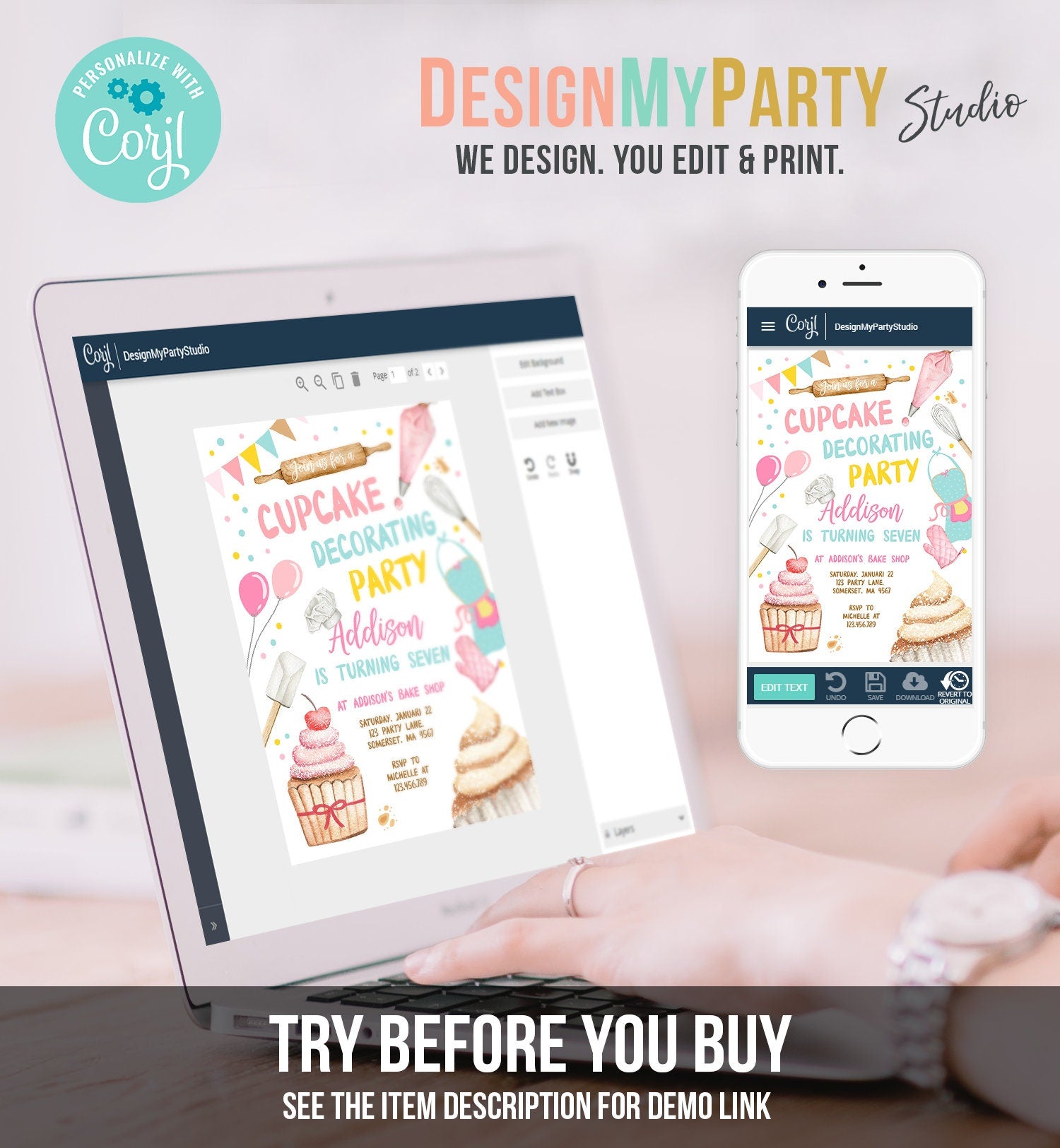 Editable Cupcake Decorating Party Invitation Kids Cooking Birthday Cupcake Invite Girl Chef Party Download Printable Corjl Template 0364