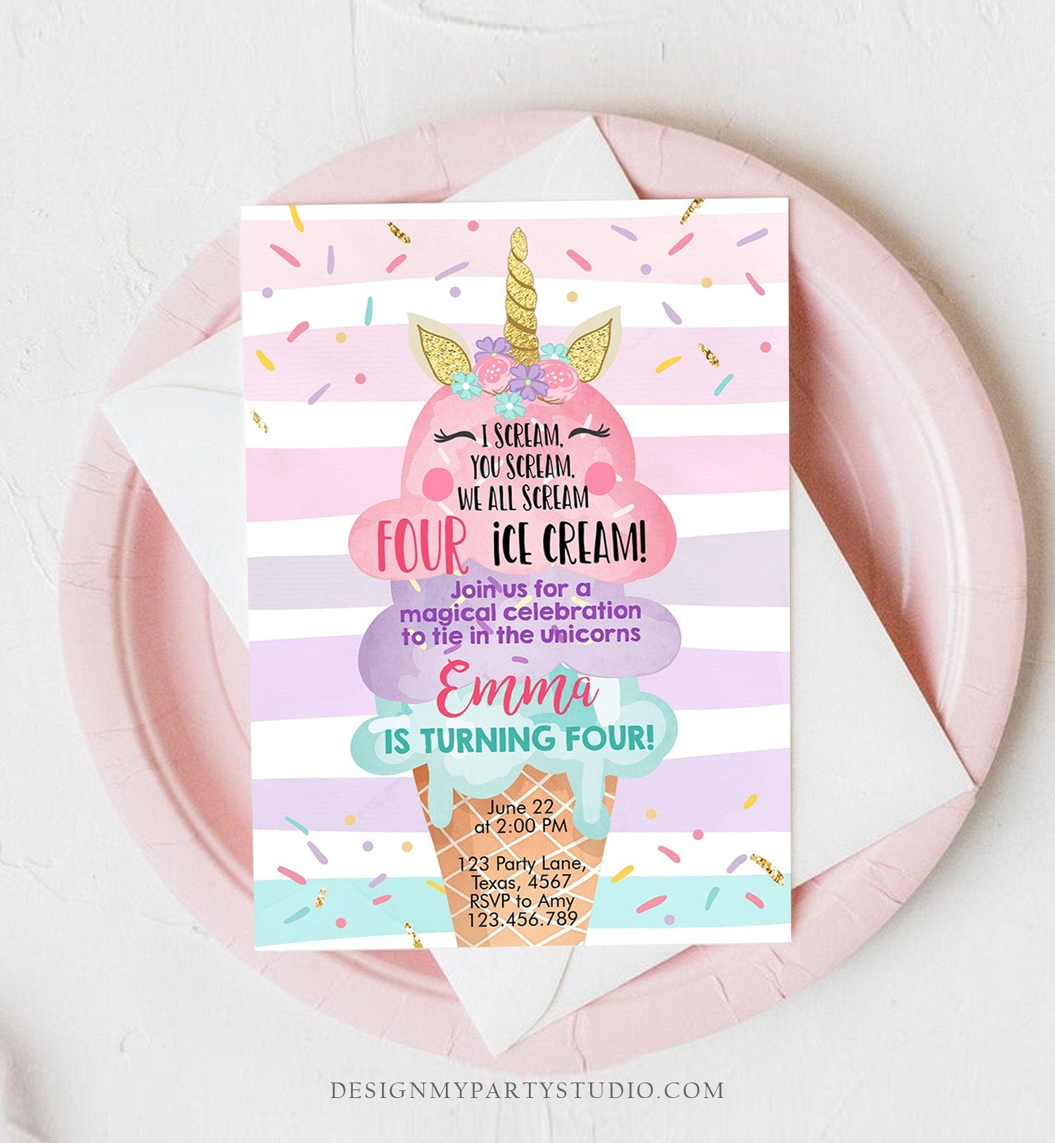 Editable Unicorn Ice Cream Birthday Invitation 4th Birthday Party Here's the Scoop Cone Rainbow Magical fourth Printable Template Corjl 0243