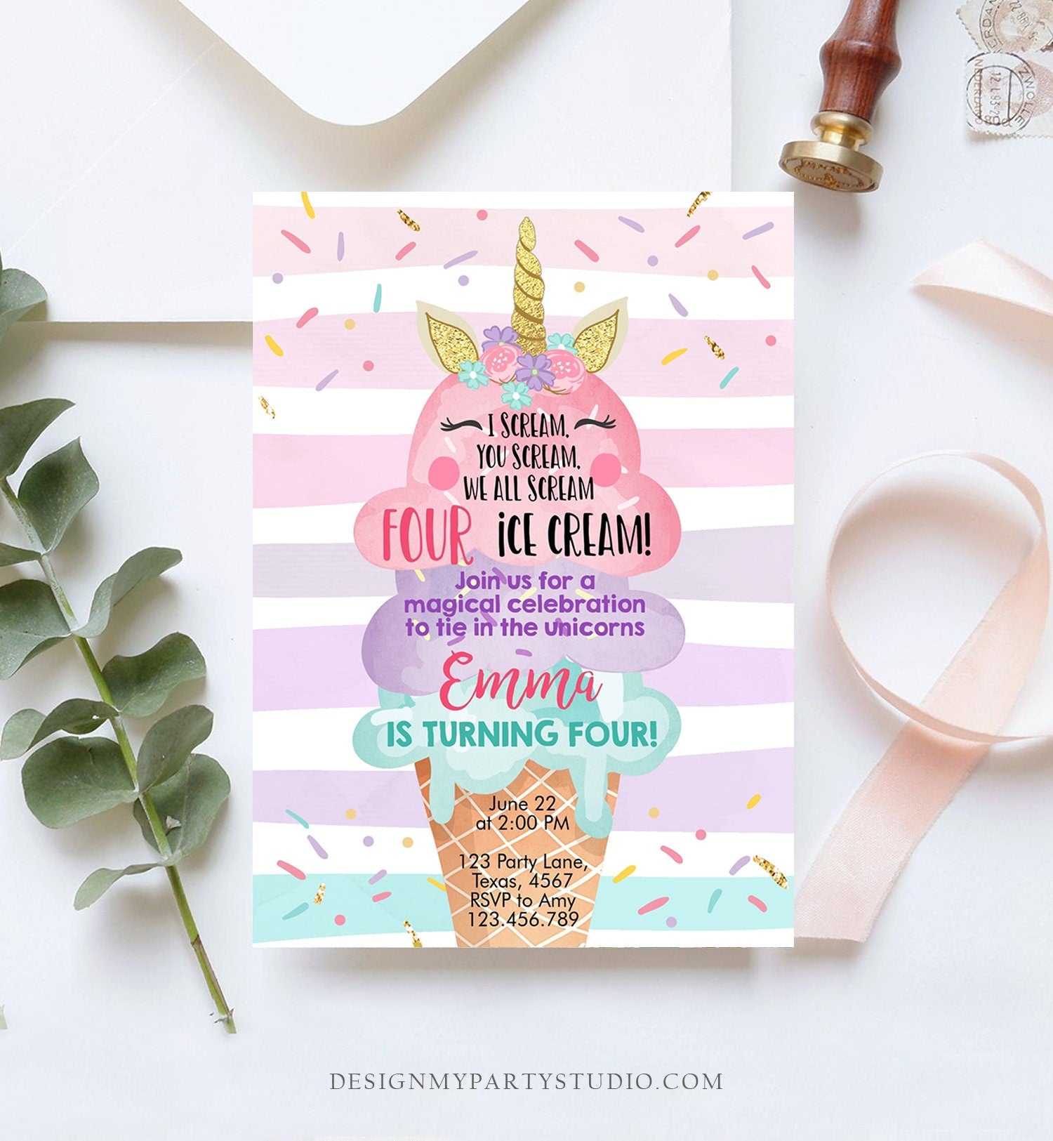 Editable Unicorn Ice Cream Birthday Invitation 4th Birthday Party Here's the Scoop Cone Rainbow Magical fourth Printable Template Corjl 0243