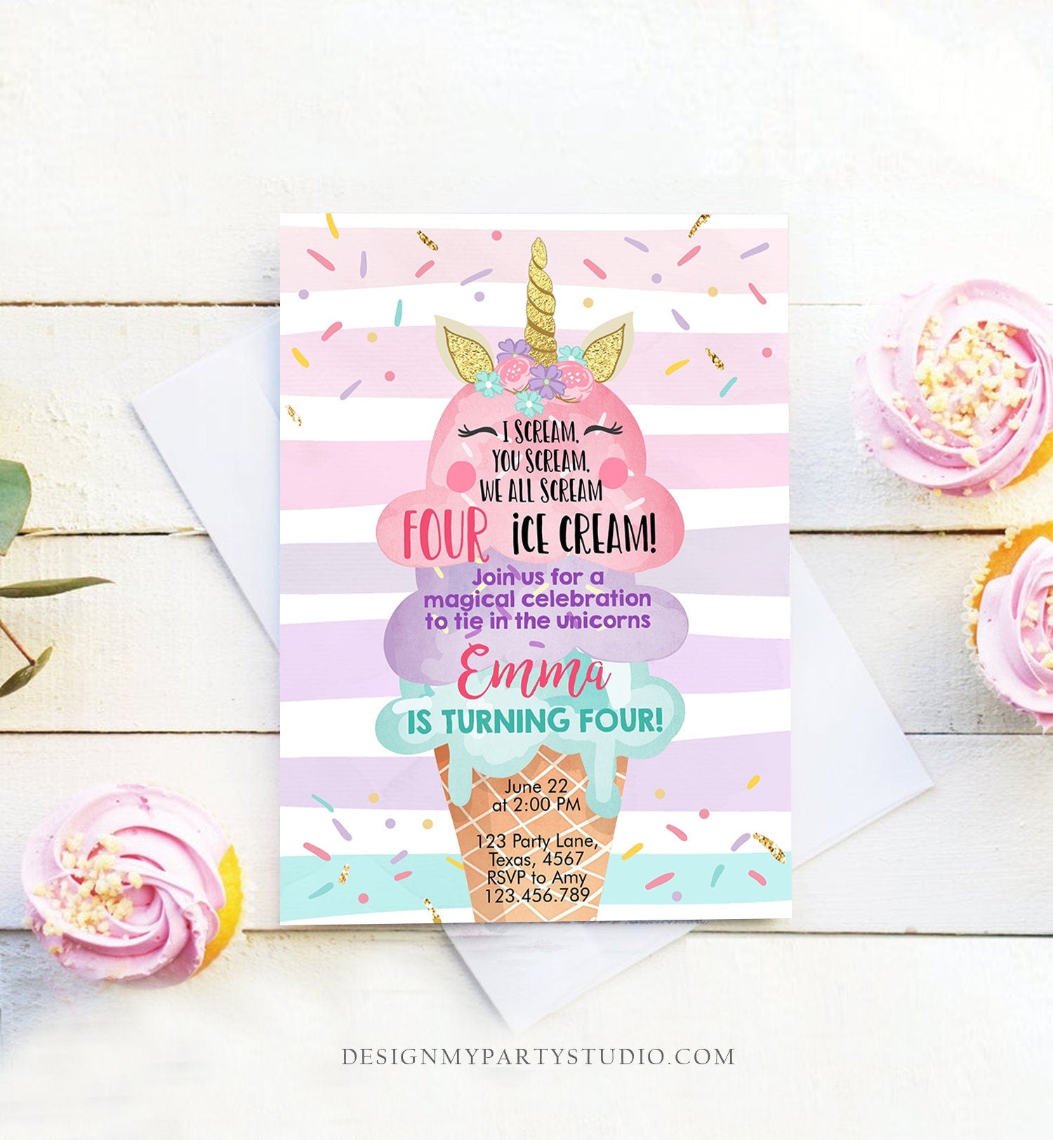 Editable Unicorn Ice Cream Birthday Invitation 4th Birthday Party Here's the Scoop Cone Rainbow Magical fourth Printable Template Corjl 0243