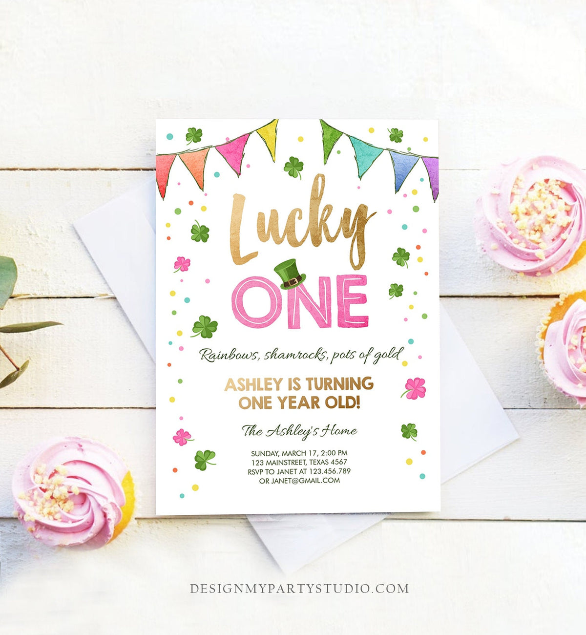 Editable St. Patrick&#39;s Day Birthday Invitation Shamrock Clover St Patricks day Birthday Lucky One Girl Printable Invite Template Corjl 0115