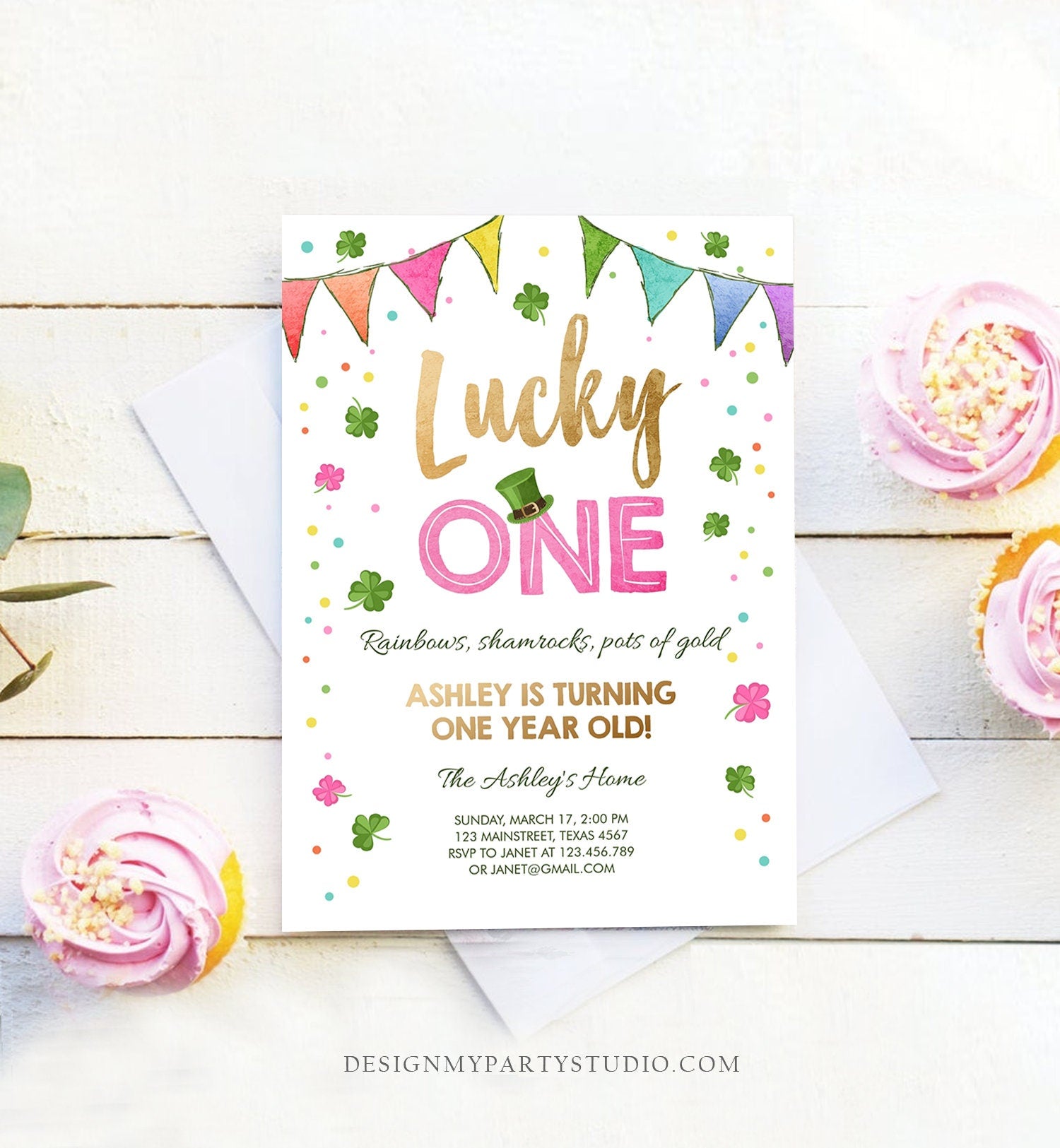 Editable St. Patrick's Day Birthday Invitation Shamrock Clover St Patricks day Birthday Lucky One Girl Printable Invite Template Corjl 0115