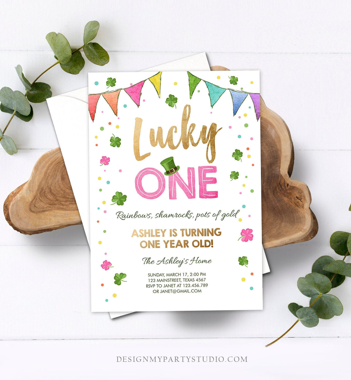 Editable St. Patrick&#39;s Day Birthday Invitation Shamrock Clover St Patricks day Birthday Lucky One Girl Printable Invite Template Corjl 0115