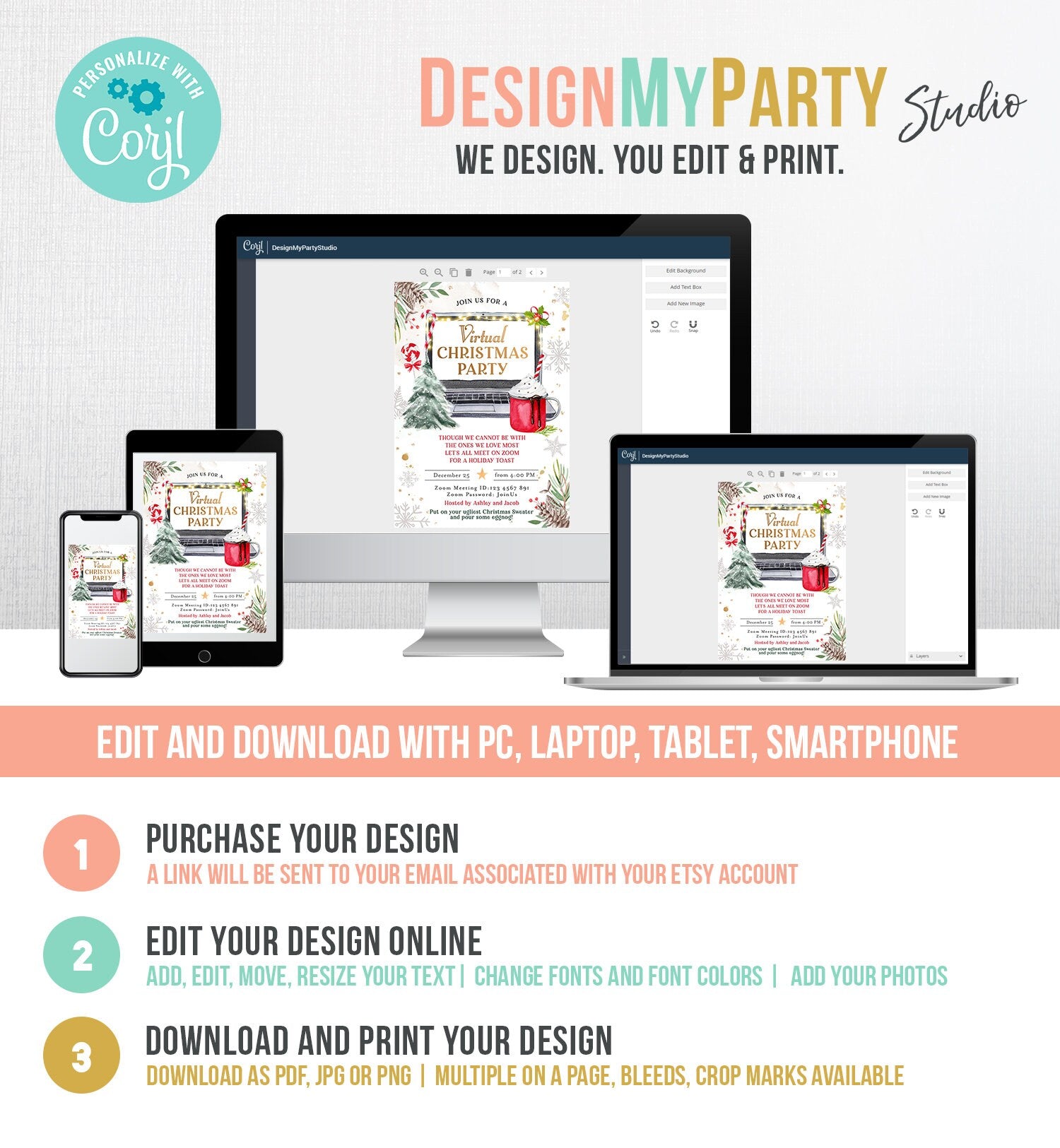 Editable Virtual Christmas Party Invitation Christmas Toast Zoom Laptop Online Meeting Digital Download Evite Template Printable 0356