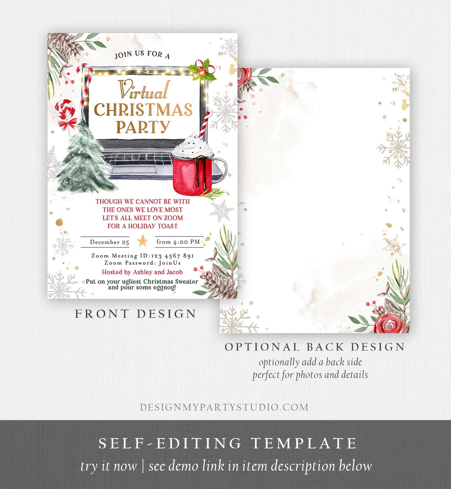 Editable Virtual Christmas Party Invitation Christmas Toast Zoom Laptop Online Meeting Digital Download Evite Template Printable 0356