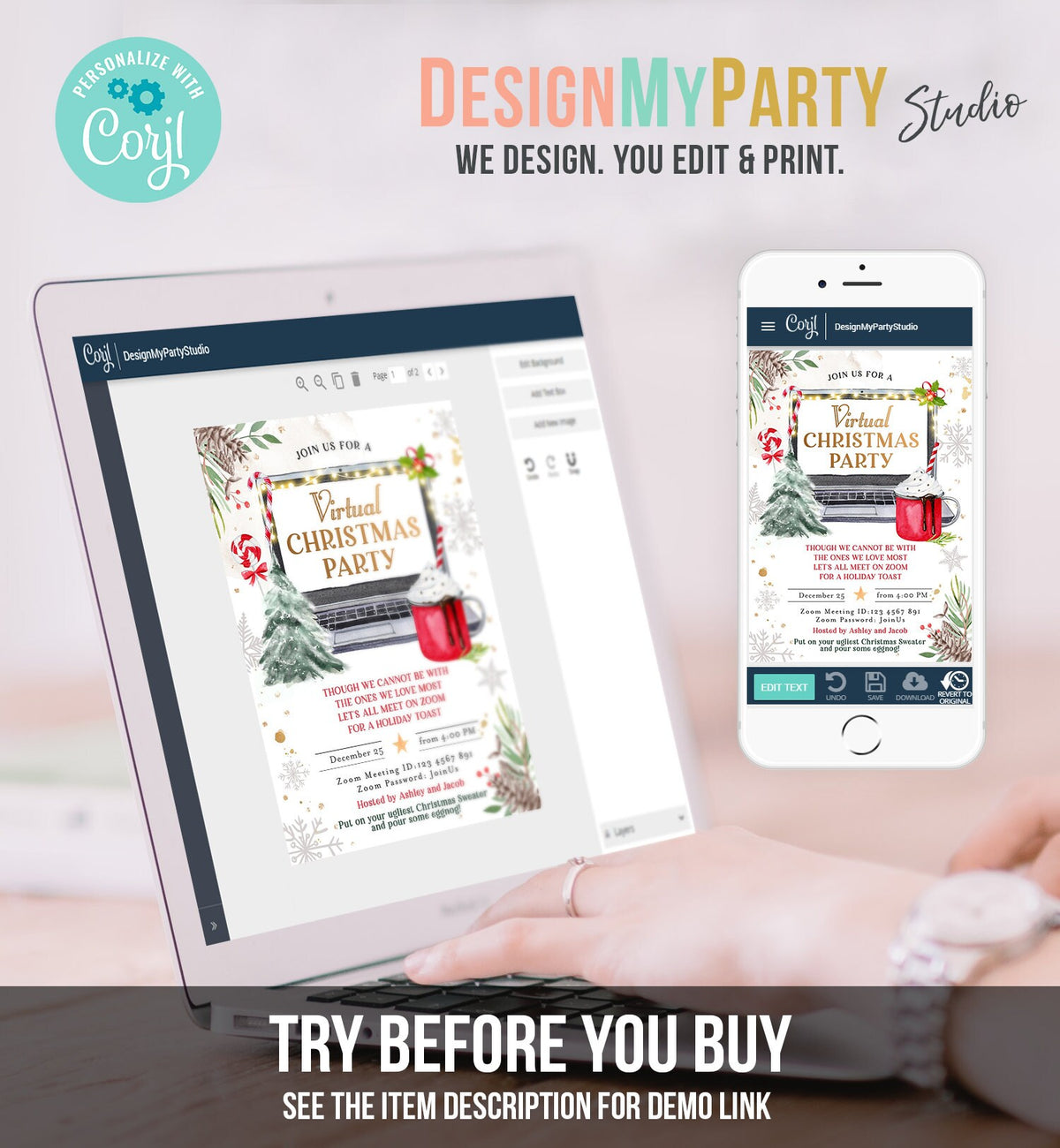Editable Virtual Christmas Party Invitation Christmas Toast Zoom Laptop Online Meeting Digital Download Evite Template Printable 0356