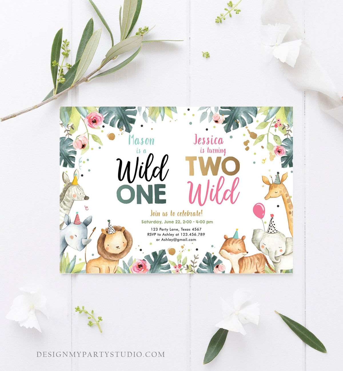 Editable Joint Safari Birthday Invitation Boy Girl Wild One Two Wild Safari Animals Party Animals First Second Corjl Template Printable 0163