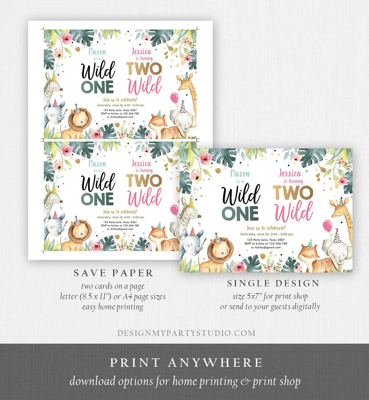 Editable Joint Safari Birthday Invitation Boy Girl Wild One Two Wild Safari Animals Party Animals First Second Corjl Template Printable 0163
