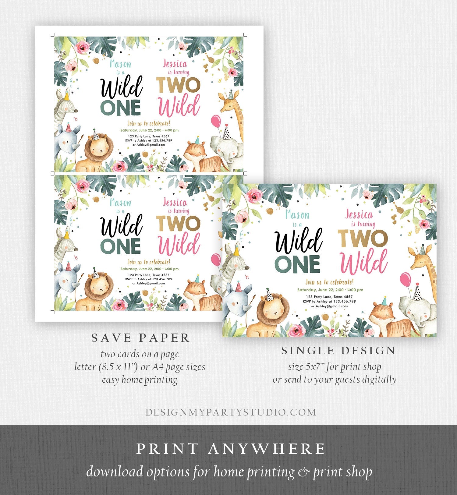 Editable Joint Safari Birthday Invitation Boy Girl Wild One Two Wild Safari Animals Party Animals First Second Corjl Template Printable 0163