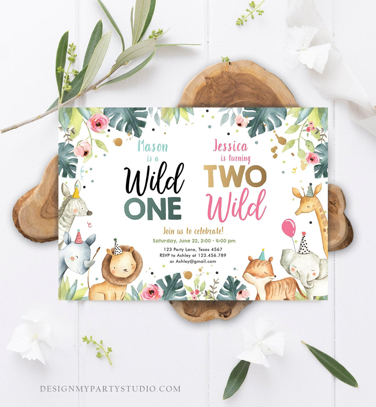 Editable Joint Safari Birthday Invitation Boy Girl Wild One Two Wild Safari Animals Party Animals First Second Corjl Template Printable 0163