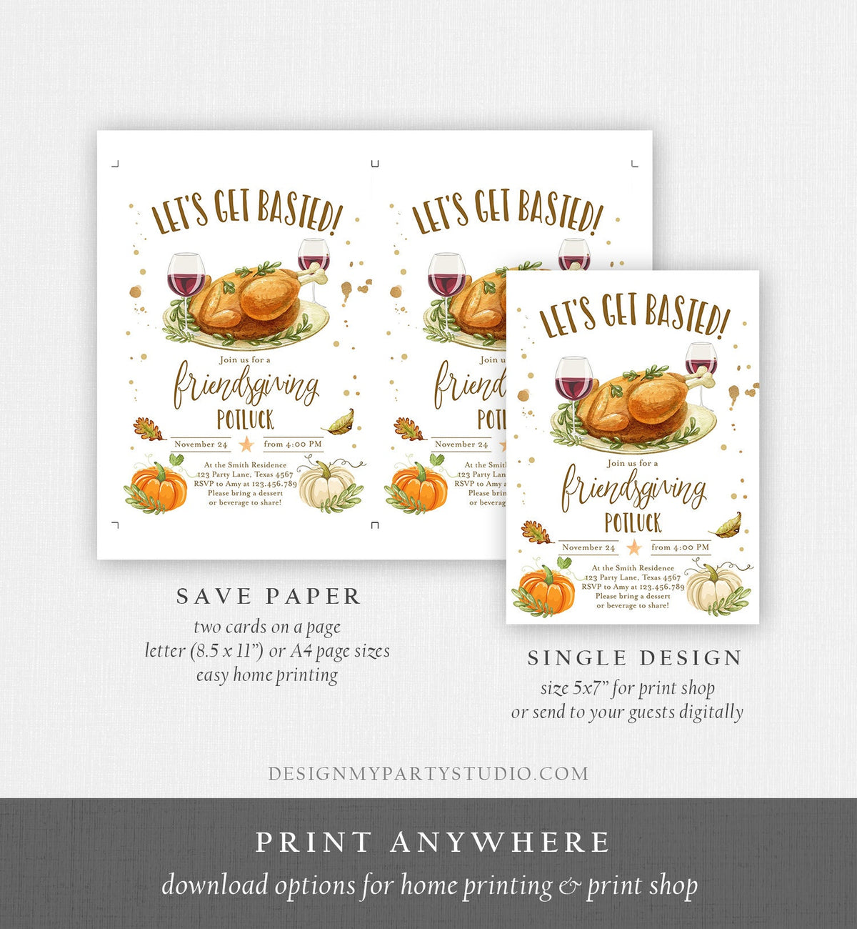 Editable Friendsgiving Invitation Rustic Turkey Lets Get Basted Thanksgiving Invitation Potluck Personalized Printable Template Corjl 0361