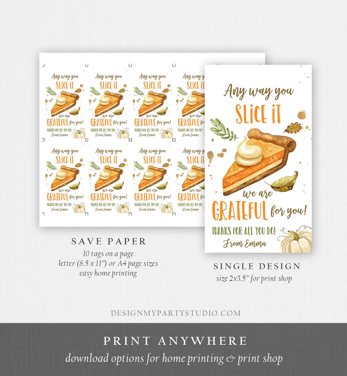 Editable Thanksgiving Gift Tags Grateful Pumpkin Pie Tag Teacher Appreciation Staff Nurse Bakery Download Printable Template 0464