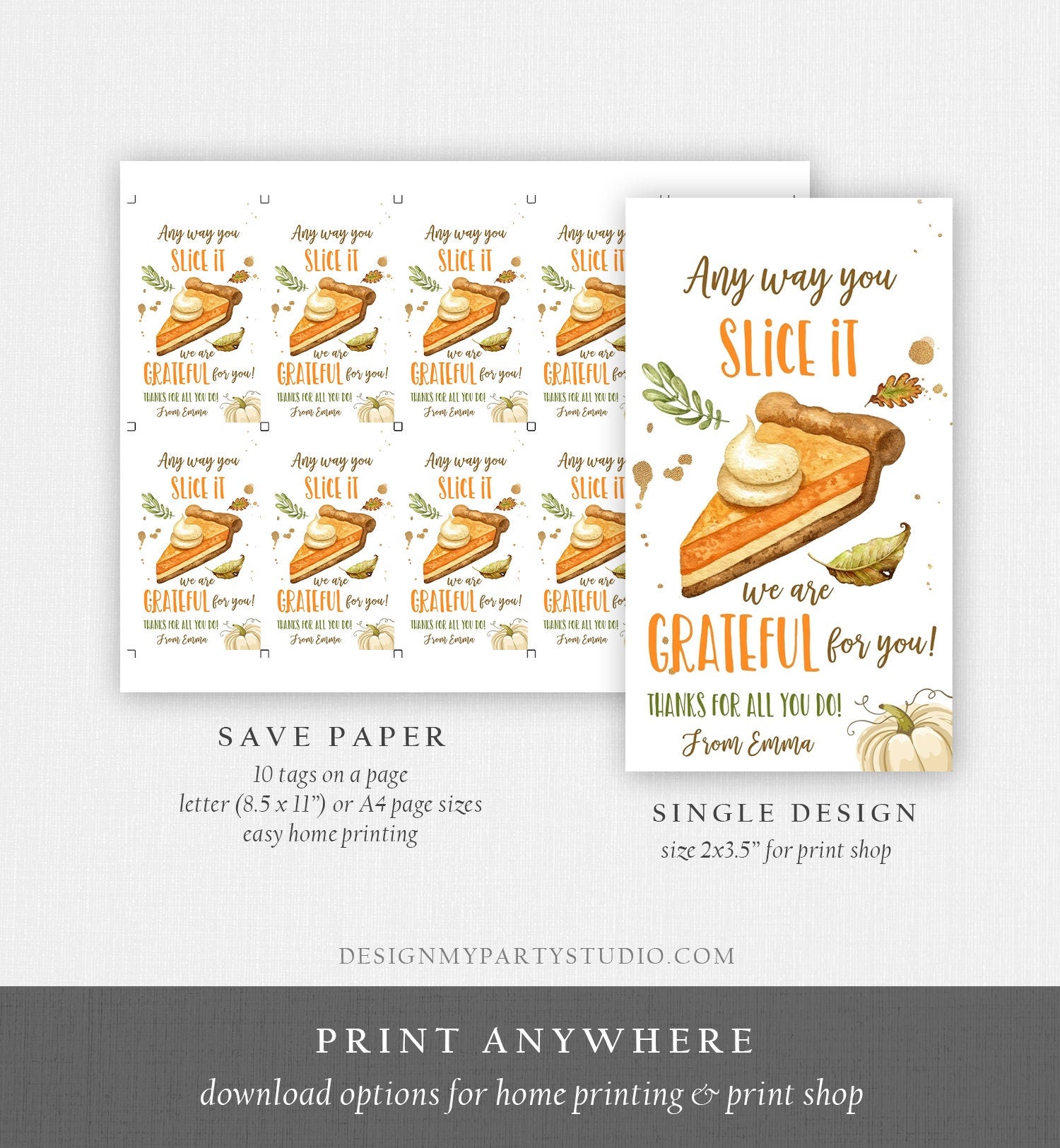 Editable Thanksgiving Gift Tags Grateful Pumpkin Pie Tag Teacher Appreciation Staff Nurse Bakery Download Printable Template 0464