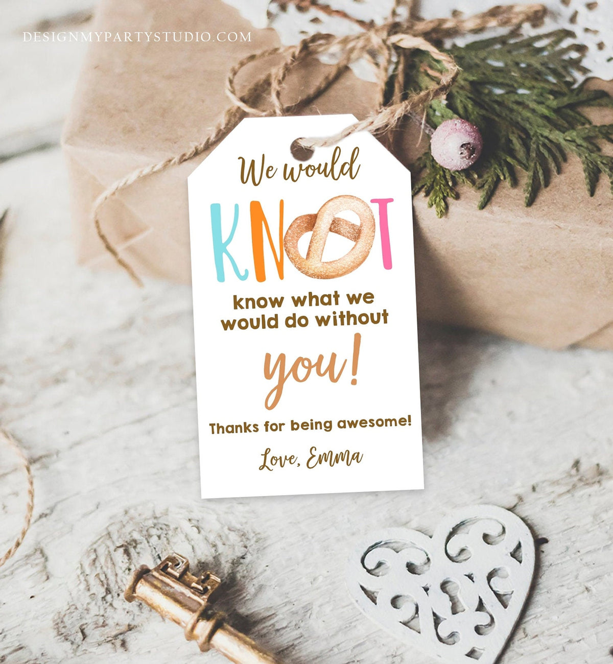 Editable Pretzel Knot Gift Tag Teacher Appreciation Tag Nurse Worker Employee Thank You Tag Christmas Digital Template Printable 0464