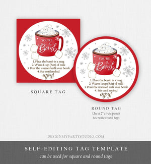 Editable Hot Chocolate Bomb Tags Bomb Instructions Cookies and Cocoa Favor Tags Winter Christmas You're The Bomb Digital PRINTABLE 0353