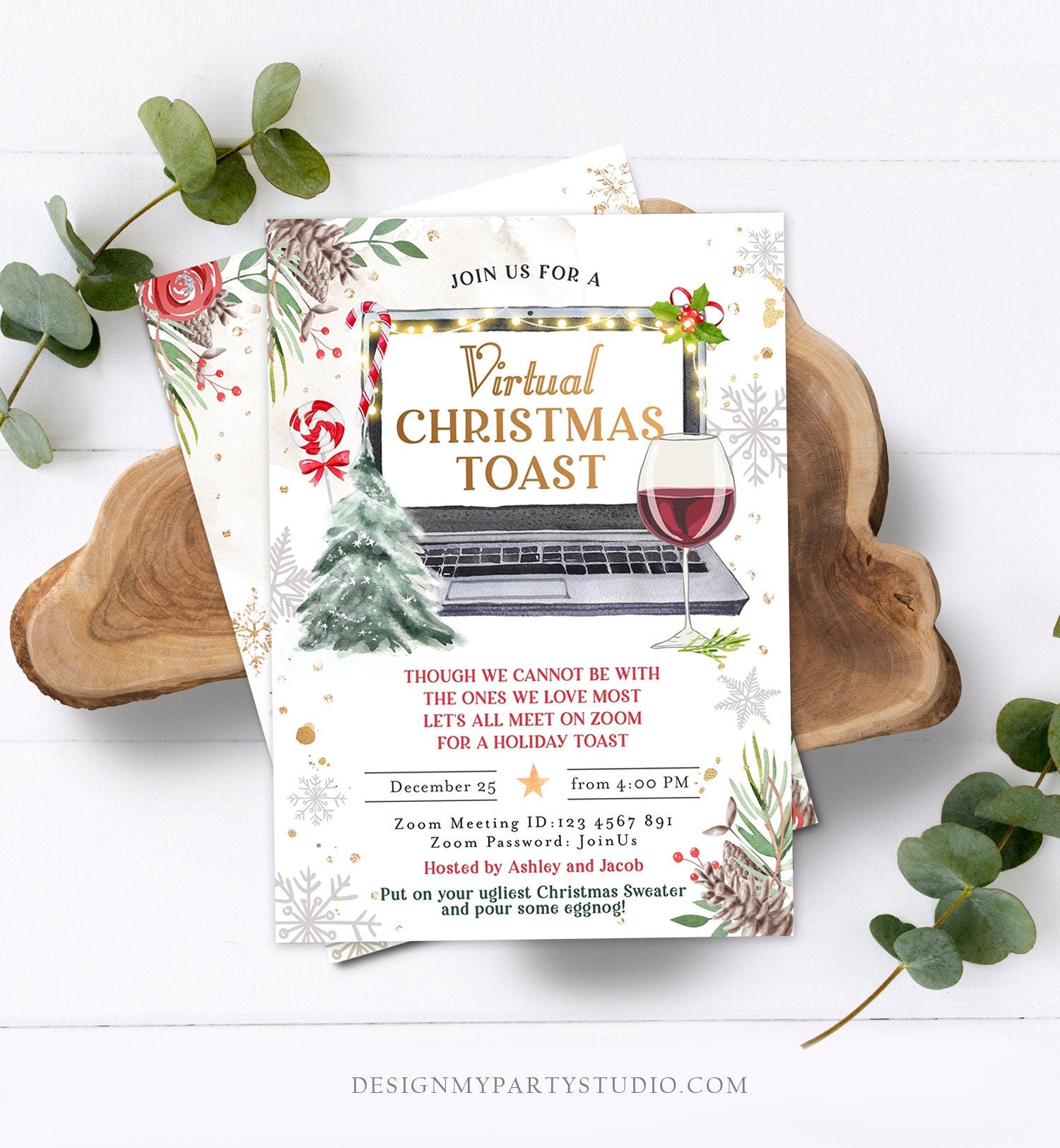 Editable Virtual Christmas Toast Invitation Christmas Party Zoom Invite Online Meeting Laptop Digital Download Evite Template Printable 0356