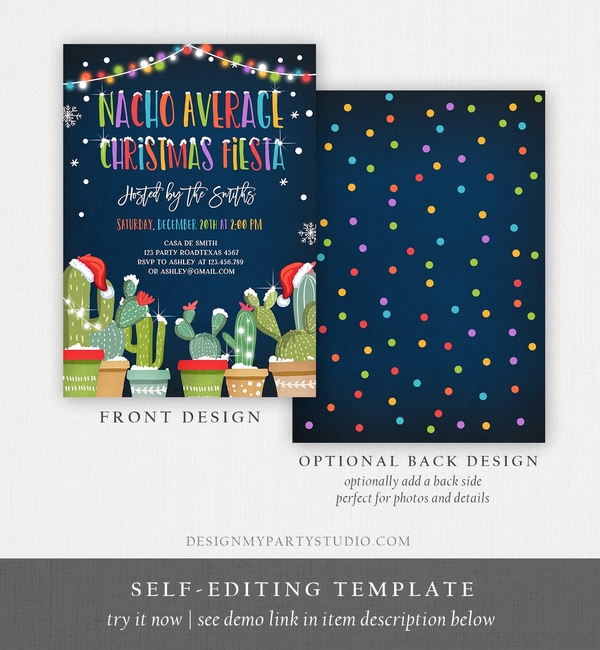 Editable Nacho Average Christmas Fiesta Invitation Cactus Mexican Holiday Feliz Navidad Digital Download Evite Template Printable 0273