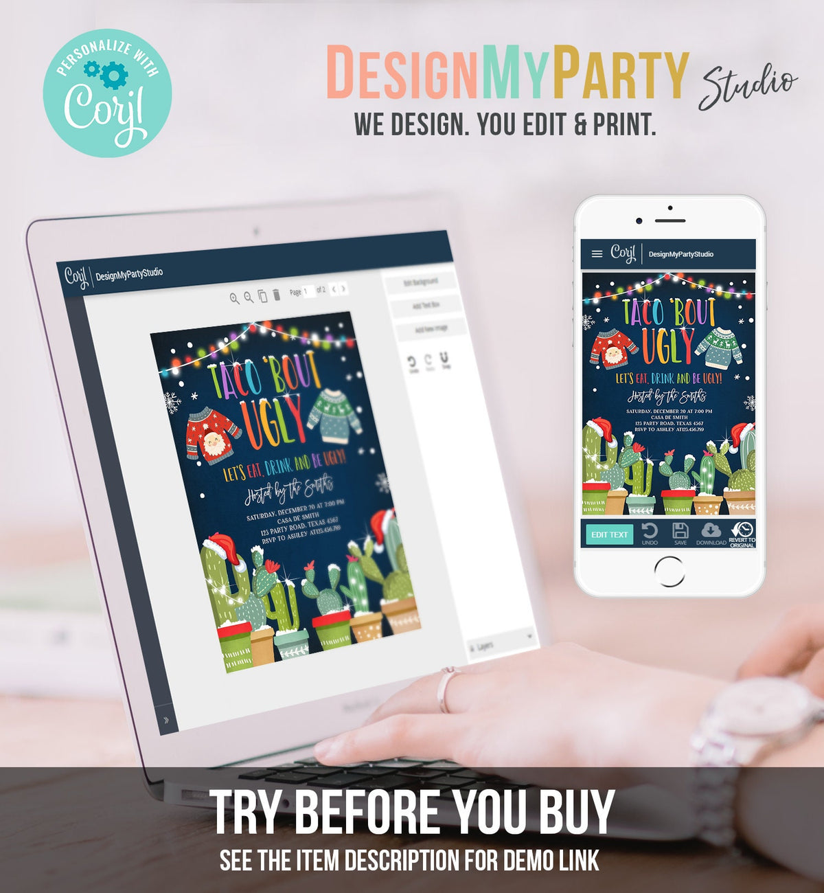 Editable Taco Bout Ugly Sweater Christmas Invitation Fiesta Cactus Mexican Holiday Feliz Navidad Digital Evite Template Printable 0273