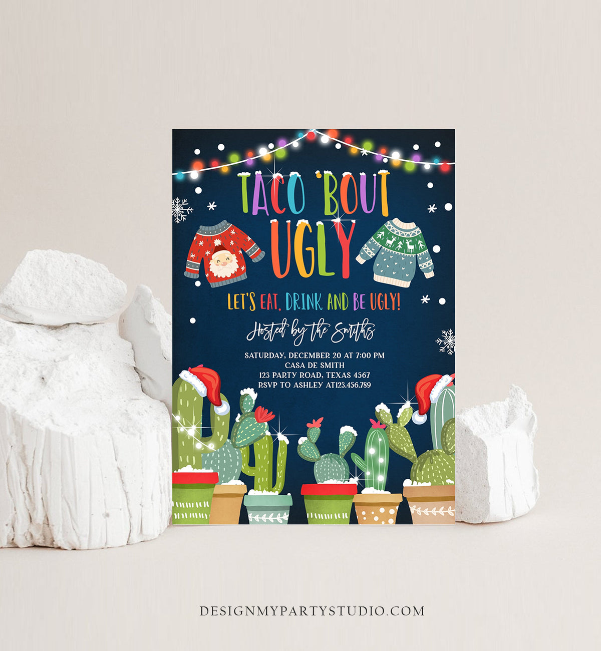 Editable Taco Bout Ugly Sweater Christmas Invitation Fiesta Cactus Mexican Holiday Feliz Navidad Digital Evite Template Printable 0273