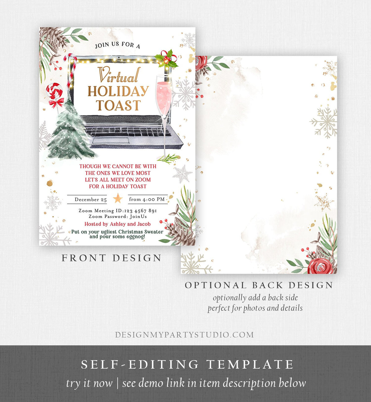 Editable Virtual Holiday Toast Invitation Christmas Party Zoom Invite Quarantine Social Distancing Laptop Printable Template Corjl 0356