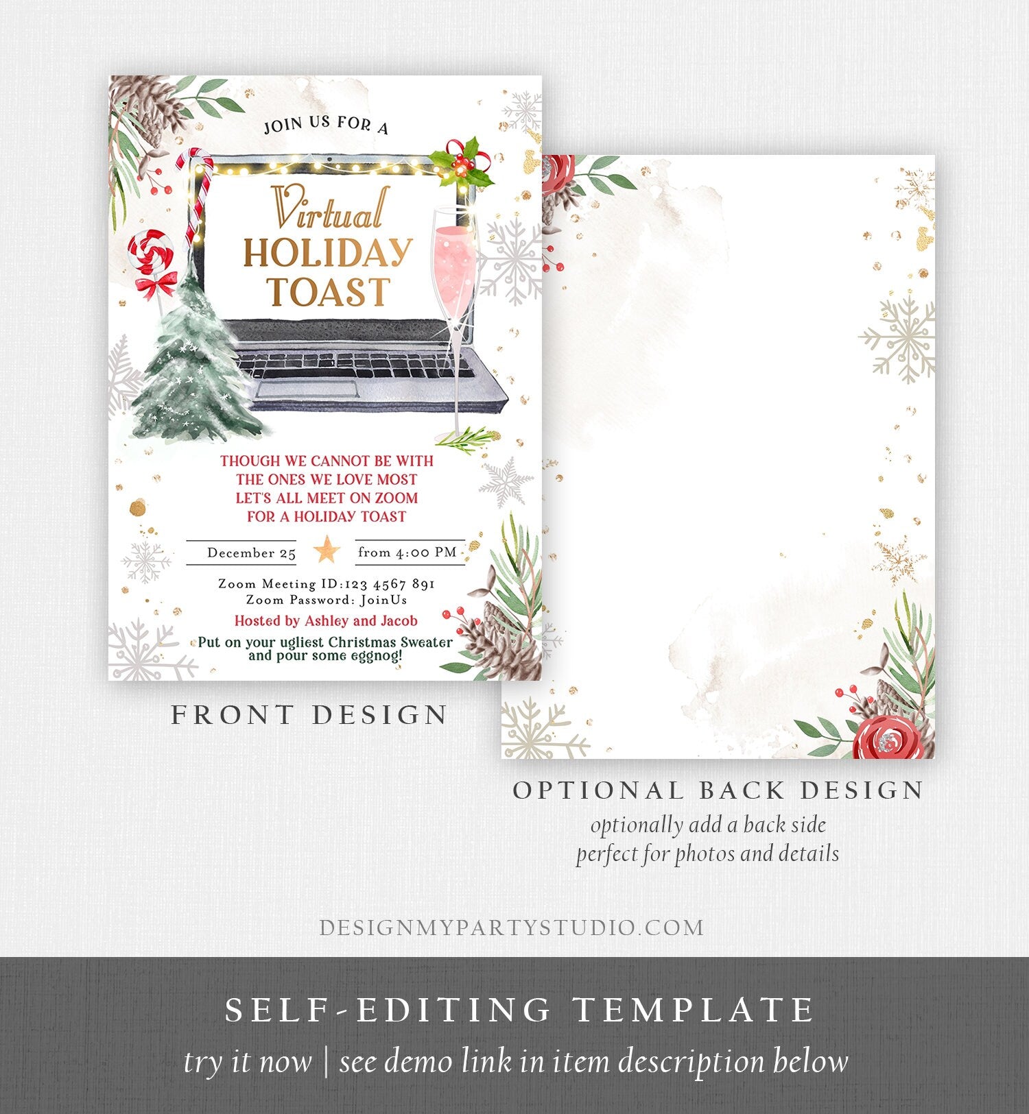 Editable Virtual Holiday Toast Invitation Christmas Party Zoom Invite Quarantine Social Distancing Laptop Printable Template Corjl 0356