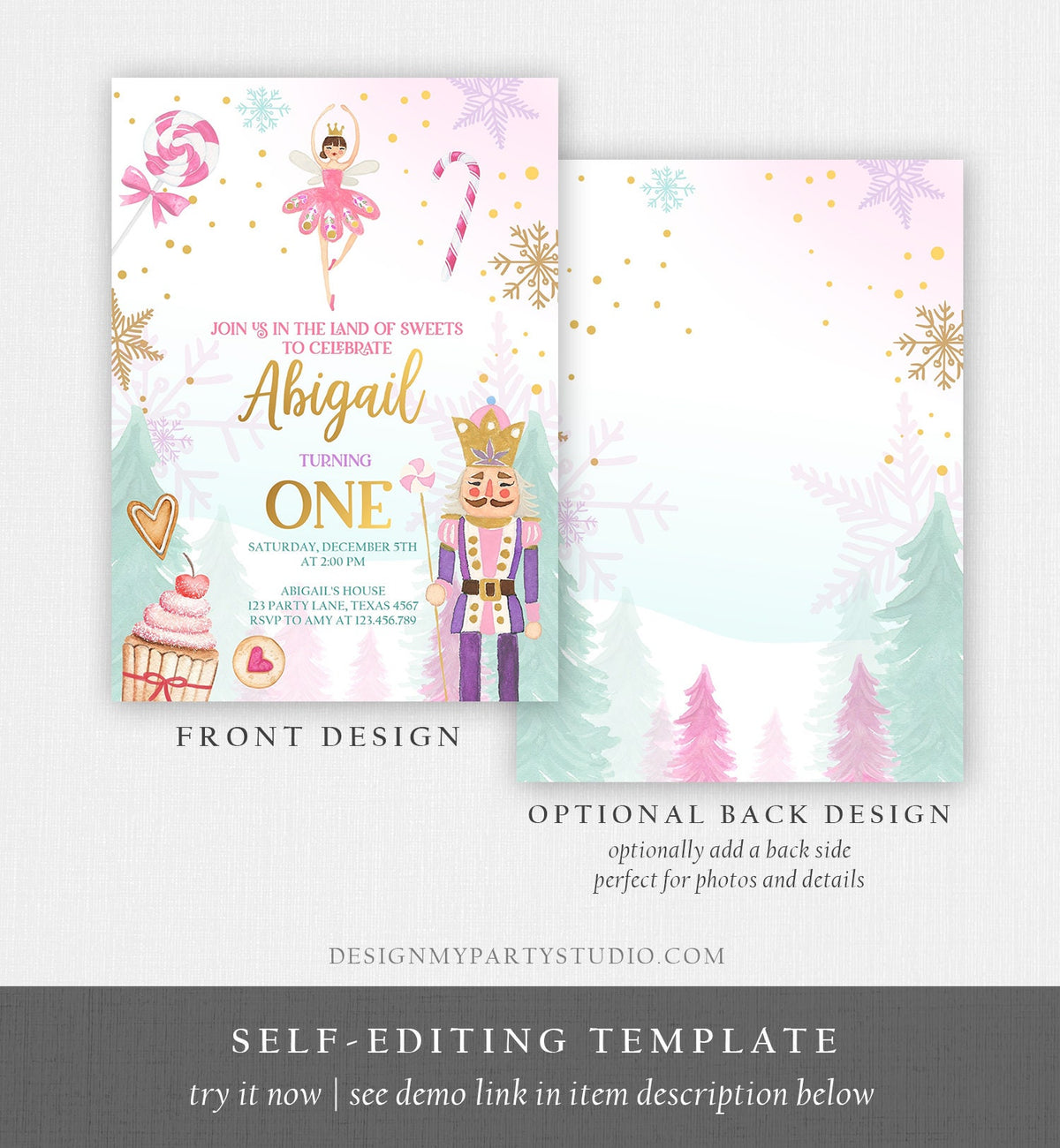 Editable Nutcracker Birthday Invitation Girl Land of Sweets Winter Pink Girl Sugar Plum Fairy Digital Download Template Printable 0352