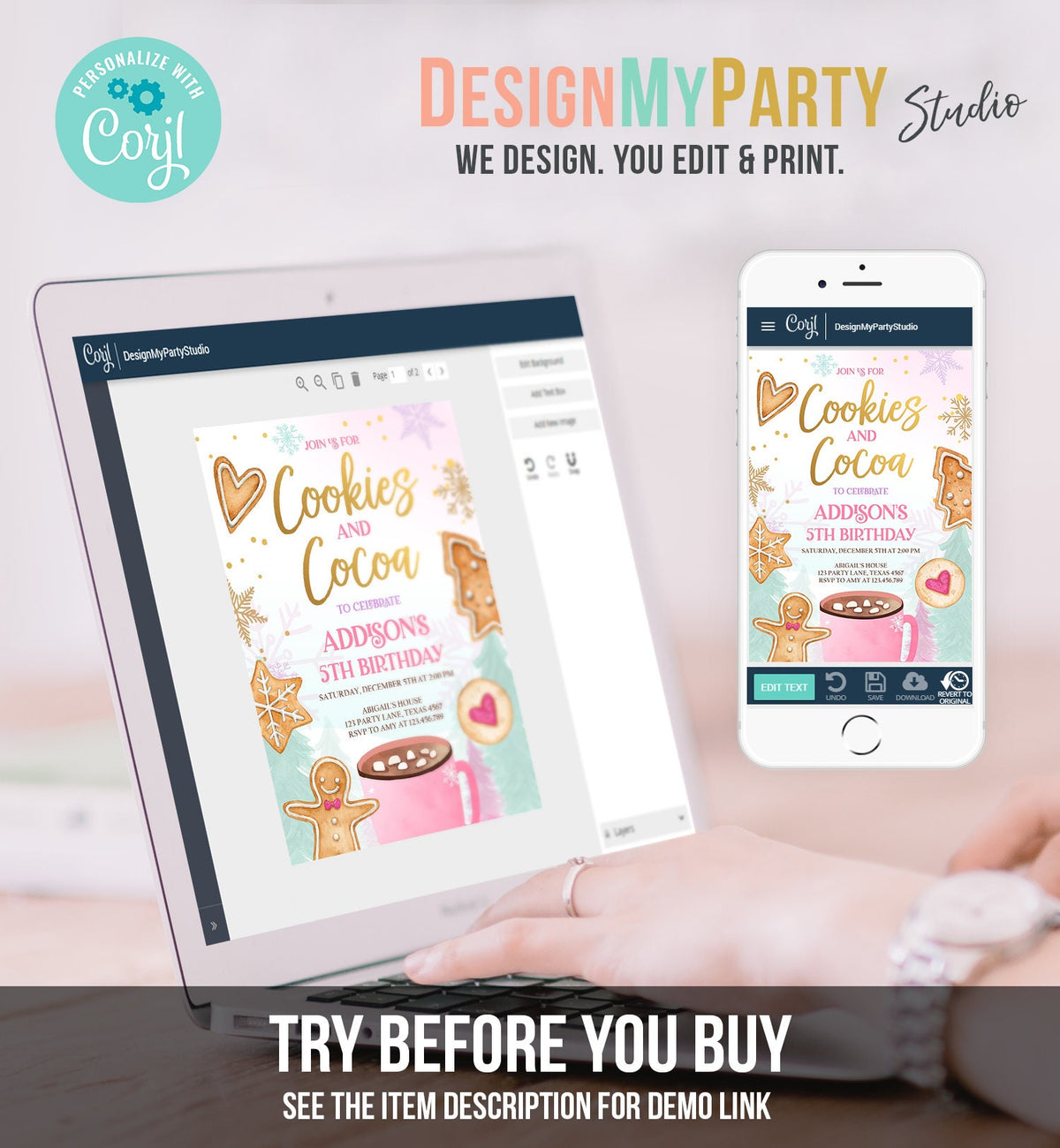 Editable Cookies and Cocoa Invitation Hot Cocoa Party Hot Chocolate Christmas Birthday Girl Pink Gold Download Printable Template Corjl 0352