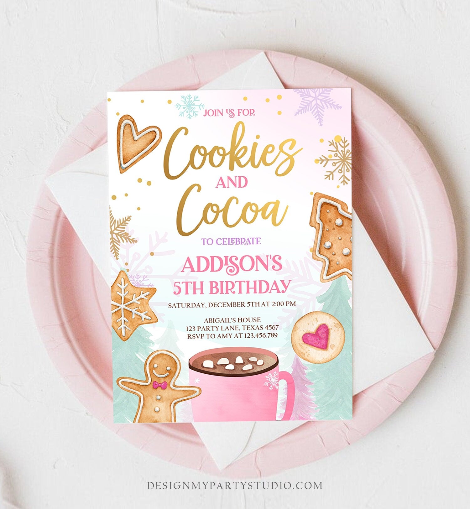 Editable Cookies and Cocoa Invitation Hot Cocoa Party Hot Chocolate Christmas Birthday Girl Pink Gold Download Printable Template Corjl 0352