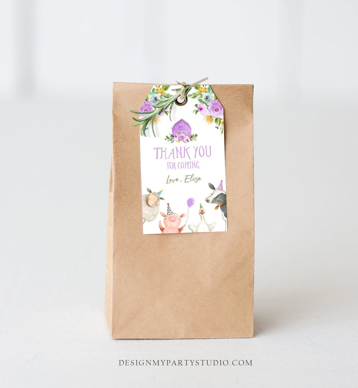 Editable Farm Favor Tags Tags Purple Farm Birthday Thank you tags Barnyard Gift Tag Girl Birthday Old McDonald Template PRINTABLE Corjl 0155