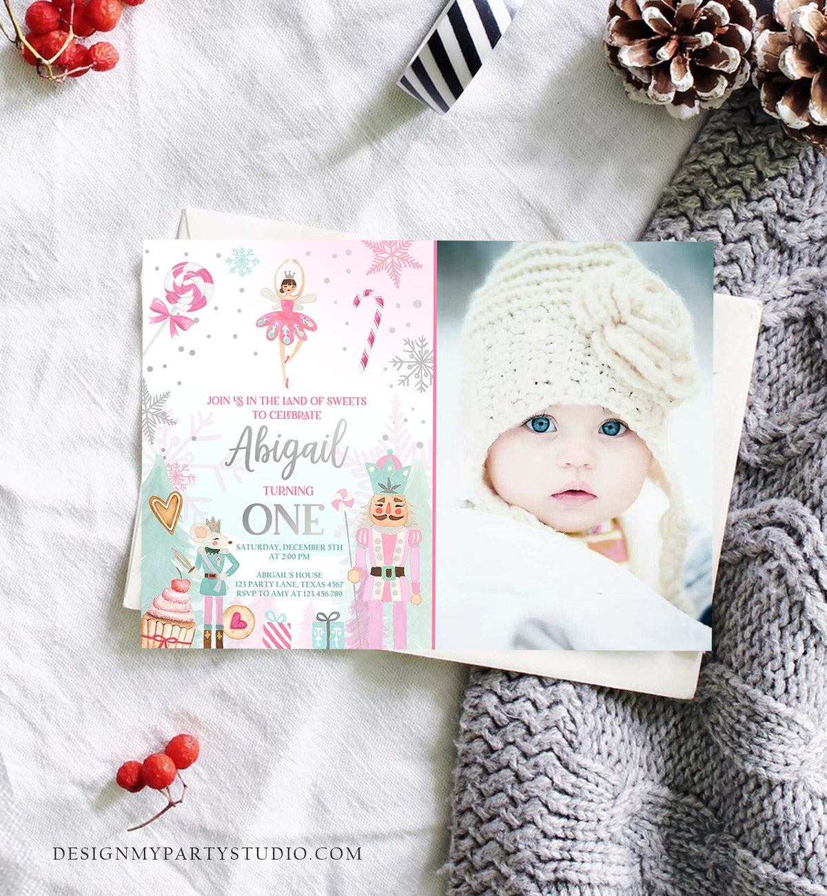 Editable Nutcracker Birthday Invitation Girl Land of Sweets Invite Winter Pink Girl Sugar Plum Fairy Download Printable Template Corjl 0352