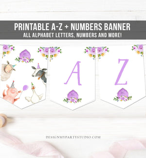 Farm Animals Birthday Banner A-Z Alphabet Numbers Banner Happy Birthday Girl Purple Lavender Barnyard Country Barn Download Printable 0155