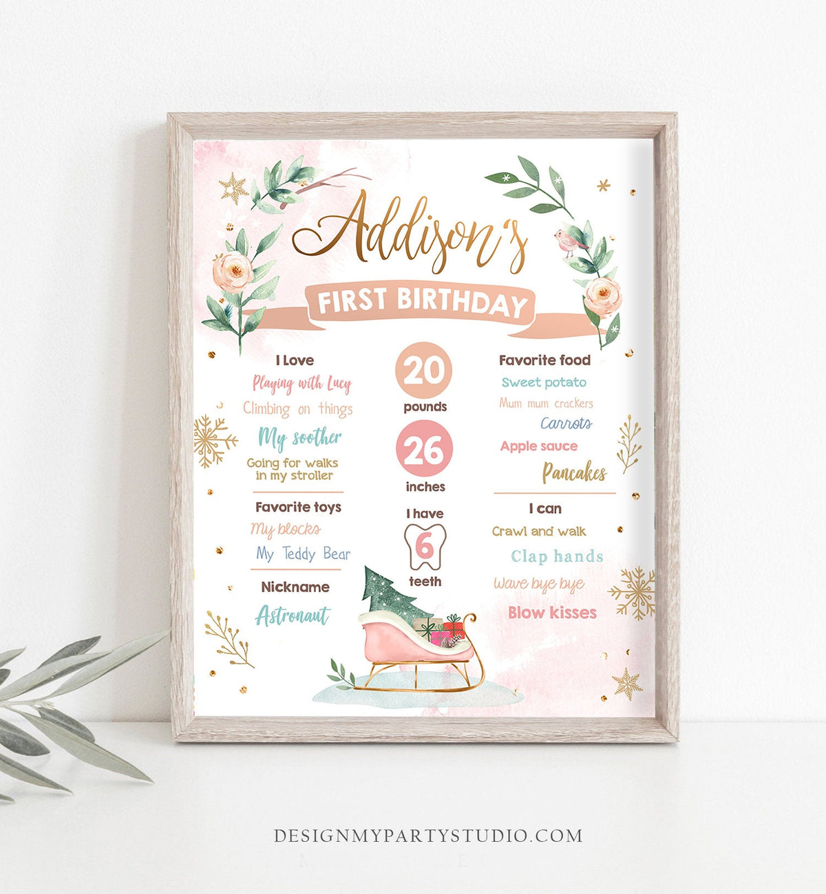 Editable Winter Sleigh Birthday Milestones Sign Girl First Birthday 1st Birthday Little Snowflake Onederland Digital Template Printable 0353
