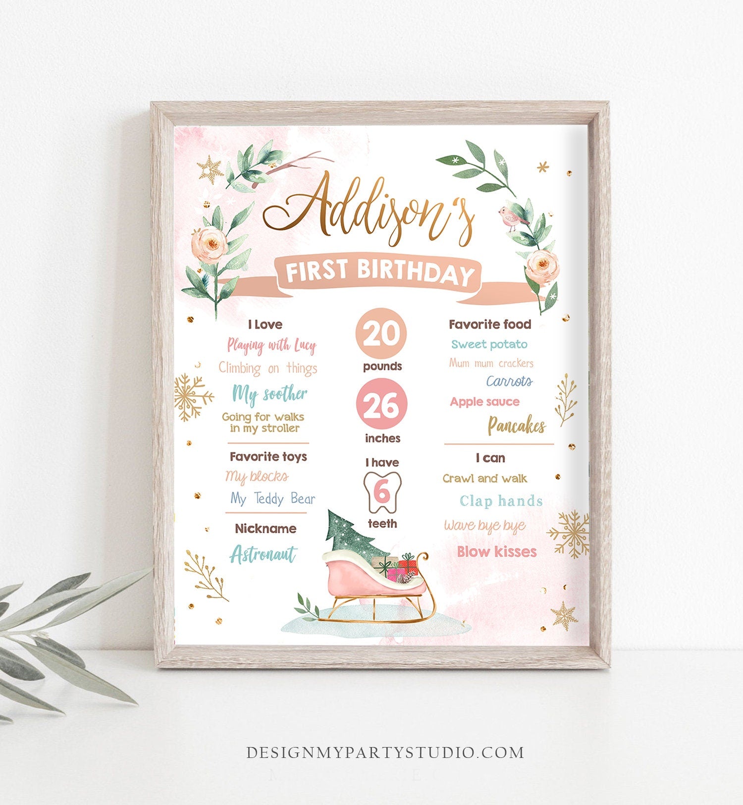 Editable Winter Sleigh Birthday Milestones Sign Girl First Birthday 1st Birthday Little Snowflake Onederland Digital Template Printable 0353