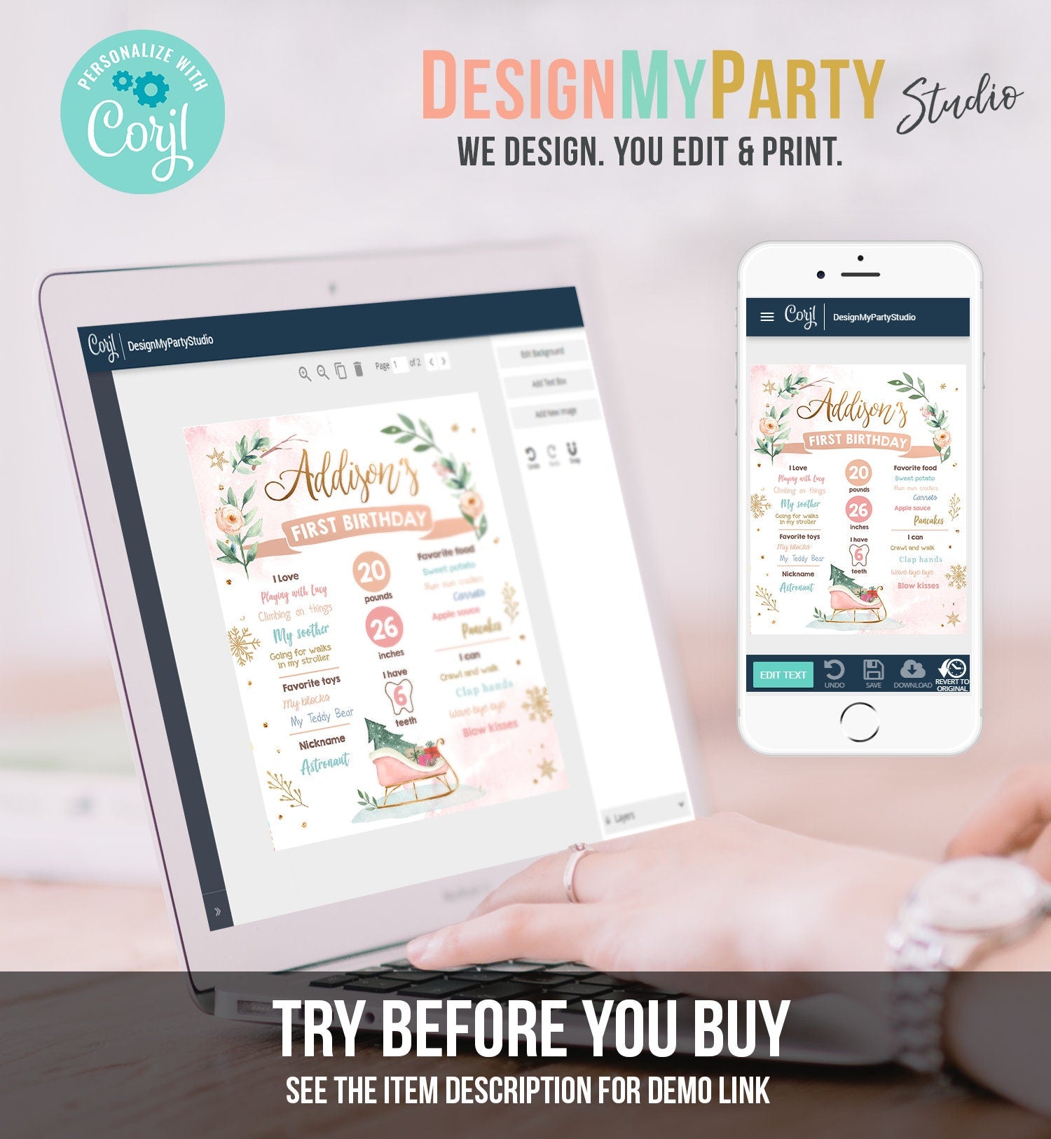 Editable Winter Sleigh Birthday Milestones Sign Girl First Birthday 1st Birthday Little Snowflake Onederland Digital Template Printable 0353